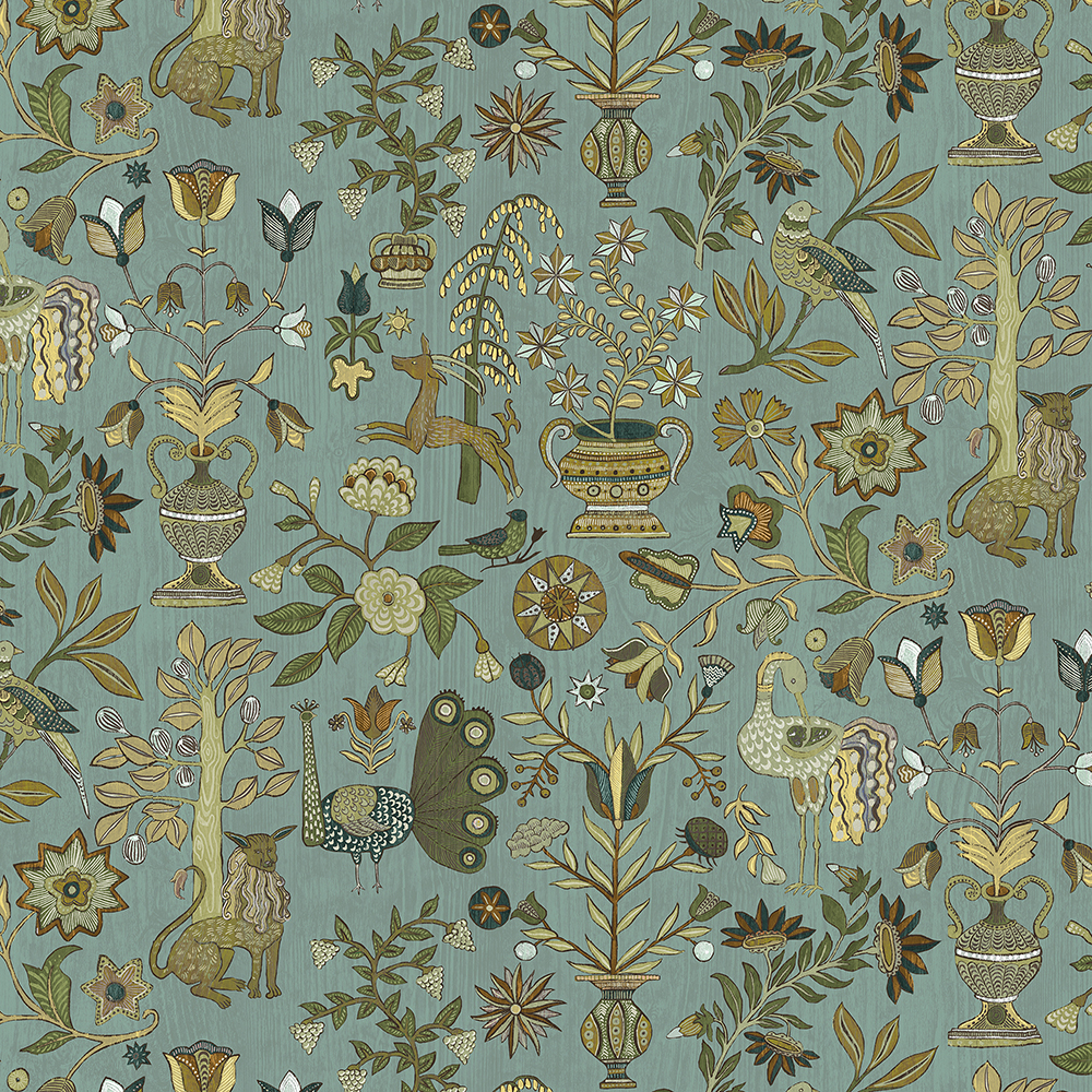 Fable Garden - Mid Blue and Olive - Wallpaper