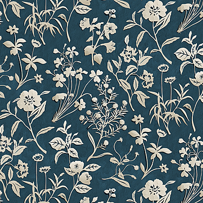 Paper Flora - Navy - Wallpaper
