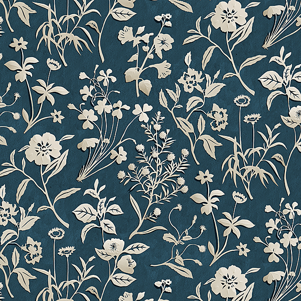 Paper Flora - Navy - Wallpaper