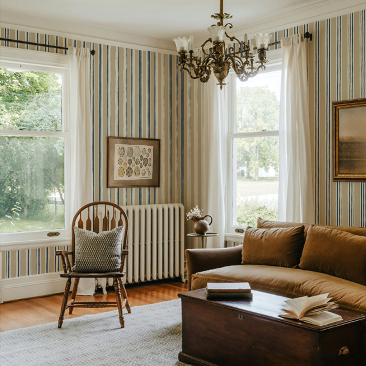 Kemble Stripe - Chute Blue, Shell and Cliffwell Stone - Wallpaper Kemble Stripe - Chute Blue, Shell and Cliffwell Stone - Wallpaper