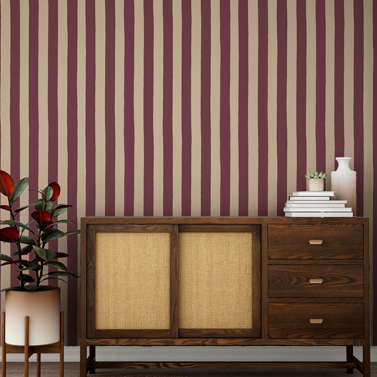 Medium Hand Pained Stripe - Red Current and Shiitake - Wallpaper Medium Hand Pained Stripe - Red Current and Shiitake - Wallpaper
