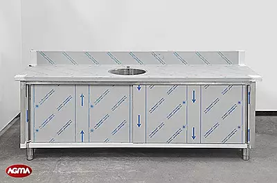 122 Tavolo acciaio inox L=2300mm porte scorrevoli una vasca