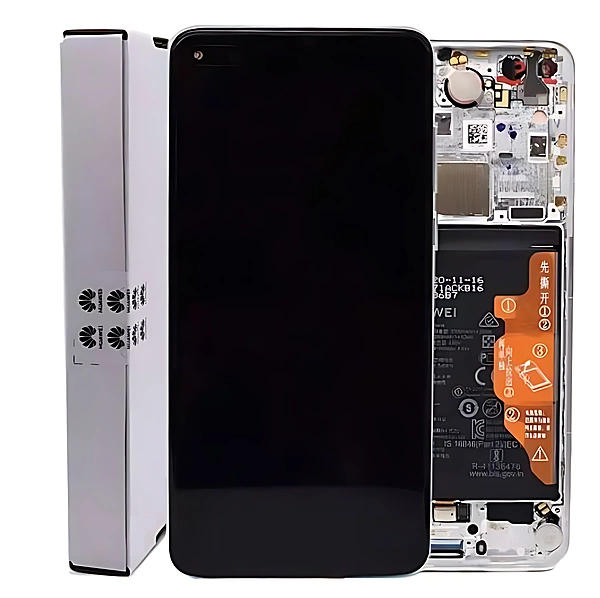 For Huawei P40 - Replacement OLED Touch Screen Assembly With Chassis & Battery - Ice White - Service Pack - 02353MFW