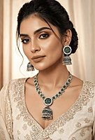 Peacock Feather Oxidized Crystal Jhumka Earrings