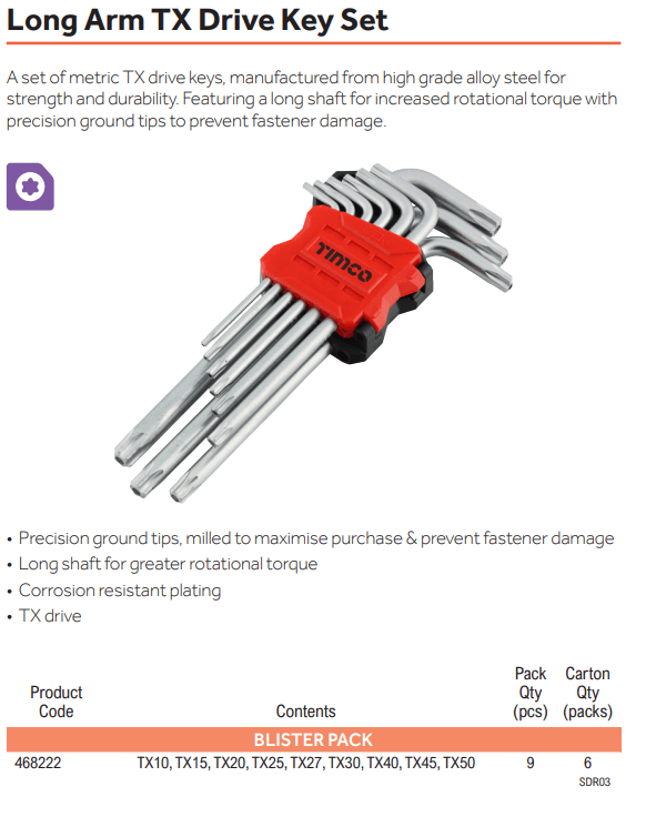 Long Arm TX Drive Hex Key Set