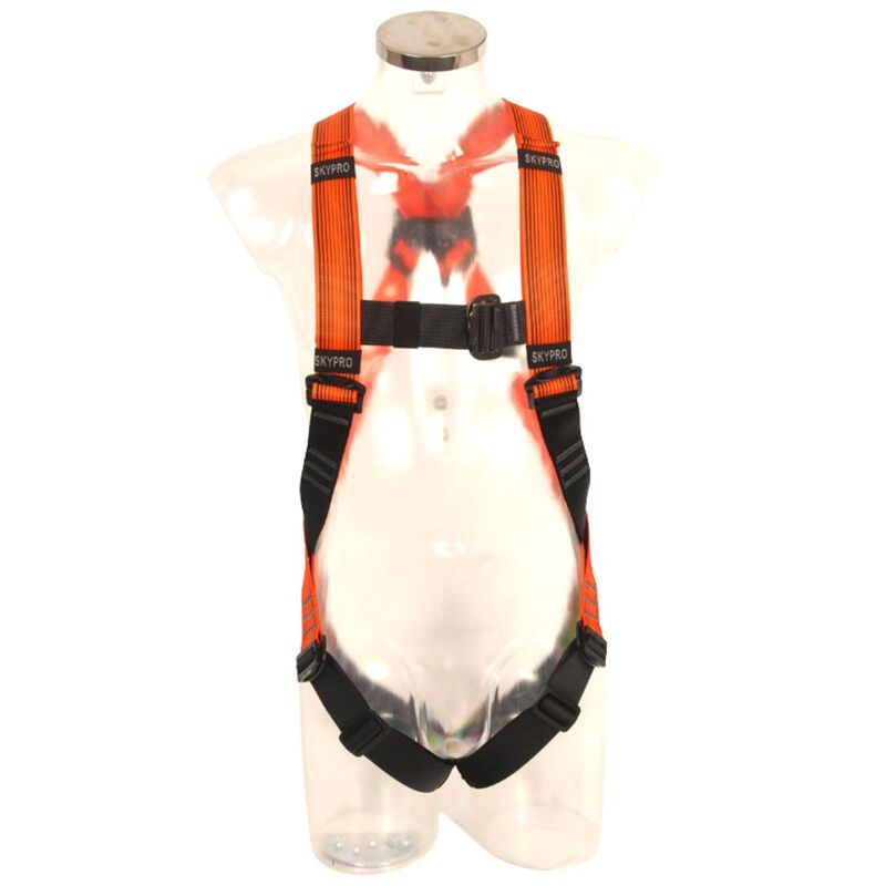 Skypro veiligheidsharnas met 1 bevestigingspunt en snelsluiting – zwart/oranje