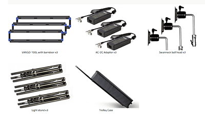 VANGO-100L 3KIT | Set of 3 x 1:7.5 Slim and Natural-Born-Soft 100W RGBW LED Panel Lights with tripods and trolleycase, ultra slim, SWIT patent, V-Mount, DMX&APP