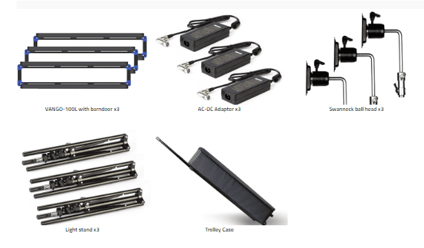 VANGO-100L 3KIT | Set of 3 x 1:7.5 Slim and Natural-Born-Soft 100W RGBW LED Panel Lights with tripods and trolleycase, ultra slim, SWIT patent, V-Mount, DMX&APP