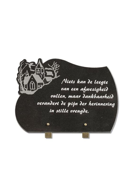 Granieten gedenkplaatje met huisje en tekst Granieten gedenkplaatje met huisje en tekst
