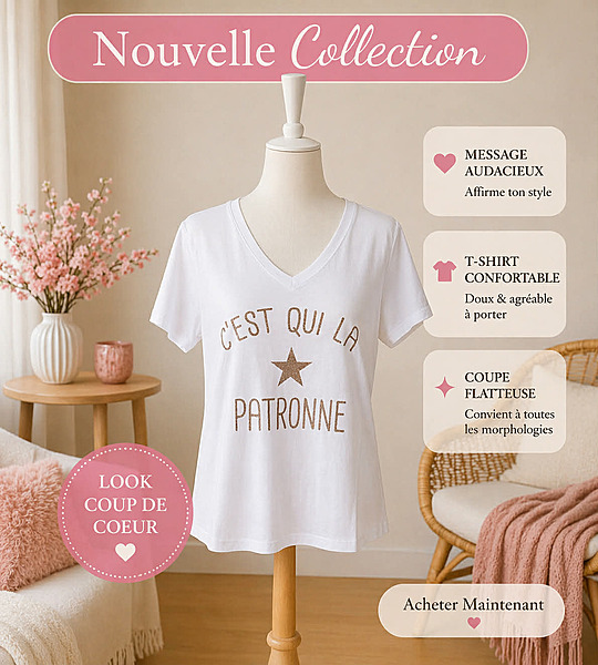 Tee-shirt col V "C'est qui la patronne"