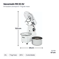 Amasadora de espiral 22 L cabezal abatible dos velocidades Savemah ITR 20 2V – medidas