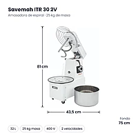 Amasadora de espiral 32 L cabezal abatible dos velocidades Savemah ITR 30 2V – medidas