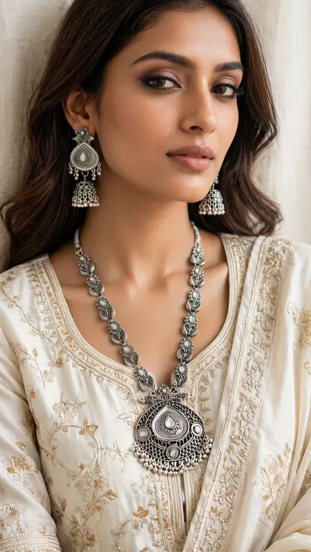 Vintage Kundan Silver Long Haram Set