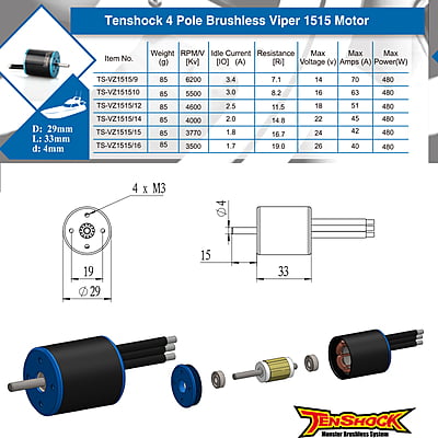 High End Brushless Motor VZ1515 (RPM/V [Kv]-4000) 14T
