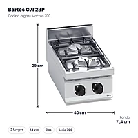 Cocina a gas potenciada Bertos Macros 700 G7F2BP 2 fuegos de sobremesa – medidas