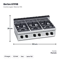 Cocina a gas Bertos Macros 700 G7F6B 6 fuegos de sobremesa – medidas