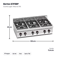 Cocina a gas potenciada Bertos Macros 700 G7F6BP 6 fuegos de sobremesa – medidas