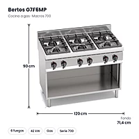 Cocina a gas potenciada Bertos Macros 700 G7F6MP 6 fuegos con mueble – medidas