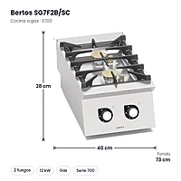Cocina a gas Bertos S700 SG7F2B/SC 2 fuegos y circulación de agua de sobremesa – medidas