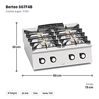 Cocina a gas Bertos S700 SG7F4B 4 fuegos de sobremesa – medidas