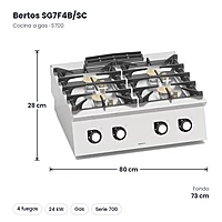 Cocina a gas Bertos S700 SG7F4B/SC 4 fuegos y circulación de agua de sobremesa – medidas