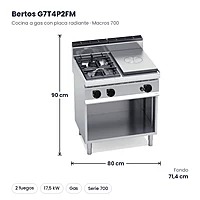 Cocina a gas con placa radiante Bertos Macros 700 G7T4P2FM 2 fuegos con mueble – medidas