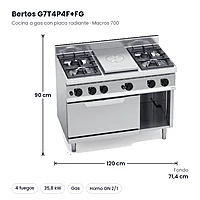 Cocina a gas con placa radiante Bertos Macros 700 G7T4P4F+FG 4 fuegos con horno a gas GN 2/1