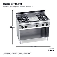 Cocina a gas con placa radiante Bertos Macros 700 G7T4P4FM 4 fuegos con mueble – medidas