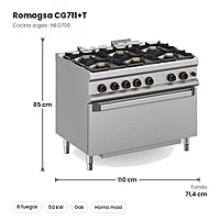 Cocina a gas Romagsa NEO700 CG711+T 6 fuegos con horno a gas maxi – medidas
