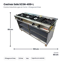 Cocina industrial a gas Cocinas Sala SCSH-400-L de 4 fuegos en línea sin horno, 180 x 60 cm