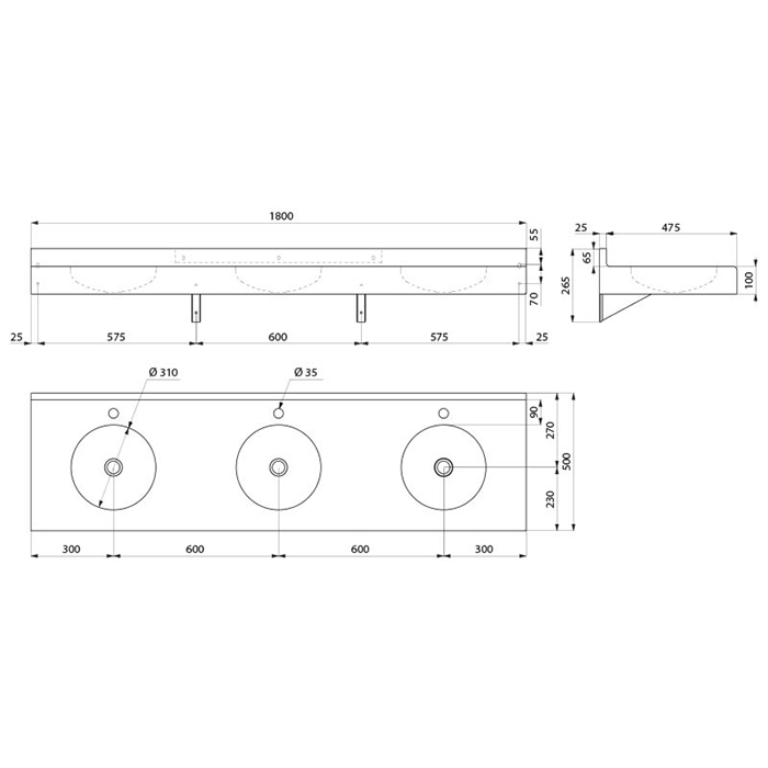 DELABIE TRIPLO RP pie sienas stiprināma 3 servisu izlietne DELABIE TRIPLO RP pie sienas stiprināma 3 servisu izlietne