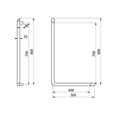 Delabie Be-line® L-veida satvērējstienis, matēts melns, A. 750mm Delabie Be-line® L-veida satvērējstienis, matēts melns, A. 750mm