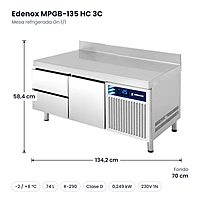 Medidas: Mesa refrigerada Gn 1/1 Edenox MPGB-135 HC 3C: 134,2 x 70 x 58,4 cm