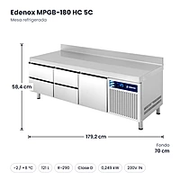 Medidas: Mesa refrigerada Edenox MPGB-180 HC 5C: 179,2 x 70 x 58,4 cm