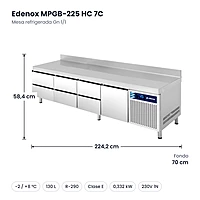 Medidas: Mesa refrigerada Gn 1/1 Edenox MPGB-225 HC 7C: 224,2 x 70 x 58,4 cm
