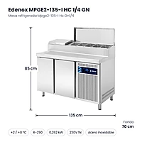 Medidas: Mesa refrigerada Mpge2-135-I Hc Gn1/4 Edenox MPGE2-135-I HC 1/4 GN: 135 x 70 x 85 cm