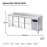 Medidas: Mesa snack refrigerada Serie 600 con cajones Edenox MPS-250 HC HHHH: 254,2 x 60 x 85 cm