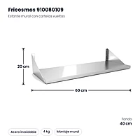 Estante mural inox con cartelas vueltas 60 x 40 cm Fricosmos – medidas