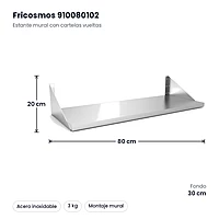 Estante mural inox con cartelas vueltas 80 x 30 cm Fricosmos – medidas