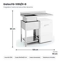 Fregadero 1 seno con escurridor derecha y hueco para lavavasos 100x55 cm con bastidor Eratos FG-1055/11-D