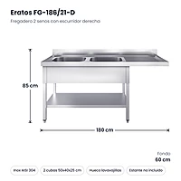 Fregadero 2 senos con escurridor derecha y hueco para lavavajillas 180x60 cm con bastidor Eratos FG-186/21-D