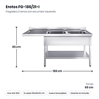Fregadero 2 senos con escurridor izquierda y hueco para lavavajillas 180x60 cm con bastidor Eratos FG-186/21-I