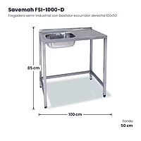 Fregadero semi-industrial con bastidor escurridor derecha 100x50 Savemah FSI-1000-D – medidas
