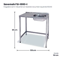 Fregadero semi-industrial con bastidor escurridor izquierda 100x50 Savemah FSI-1000-I – medidas