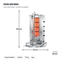 Gyros grill a gas Potis MU GD4 de 4 quemadores infrarrojos, hasta 70 kg – medidas