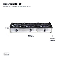 Hornillo a gas 3 fuegos alto rendimiento Savemah HG-3P – medidas