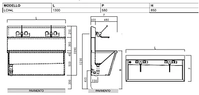 N062 - lavabo chirurgico temporizzato 2 post. dim. 1300x580x1090 mm