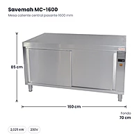 Mesa caliente central pasante 1600 mm Savemah MC-1600 – medidas