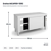 Mesa caliente pasante con encimera central 180x60 cm Eratos MCAP60-180C – medidas