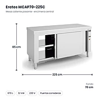 Mesa caliente pasante con encimera central 225x70 cm Eratos MCAP70-225C – medidas